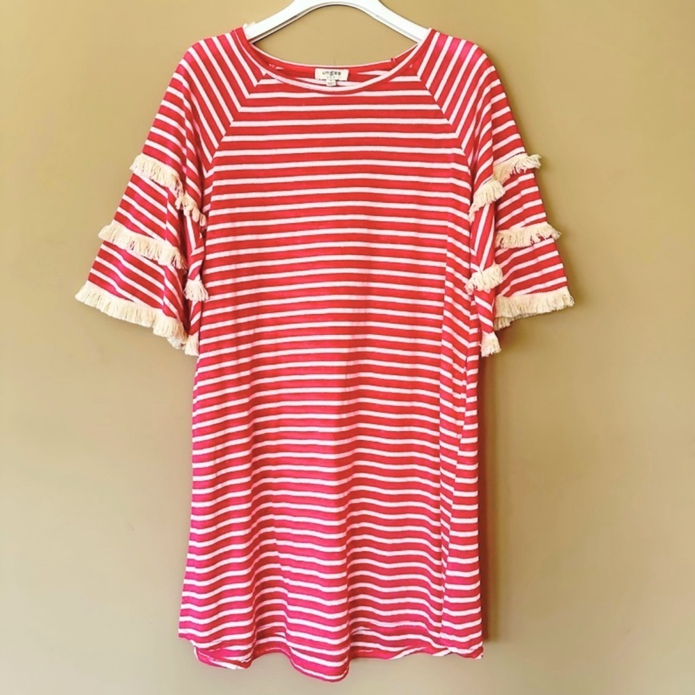 Umgee Women Small Tshirt Dress Fringe Sleeve Pockets Pink & White Stripe Casual